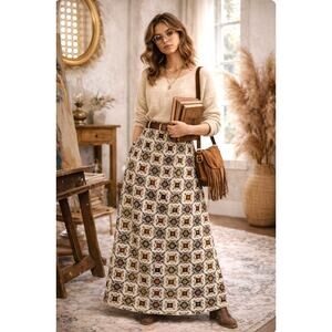 Vintage 1970s Handmade Needlepoint Tapestry Maxi Skirt XS Carpet Weight Folk Art